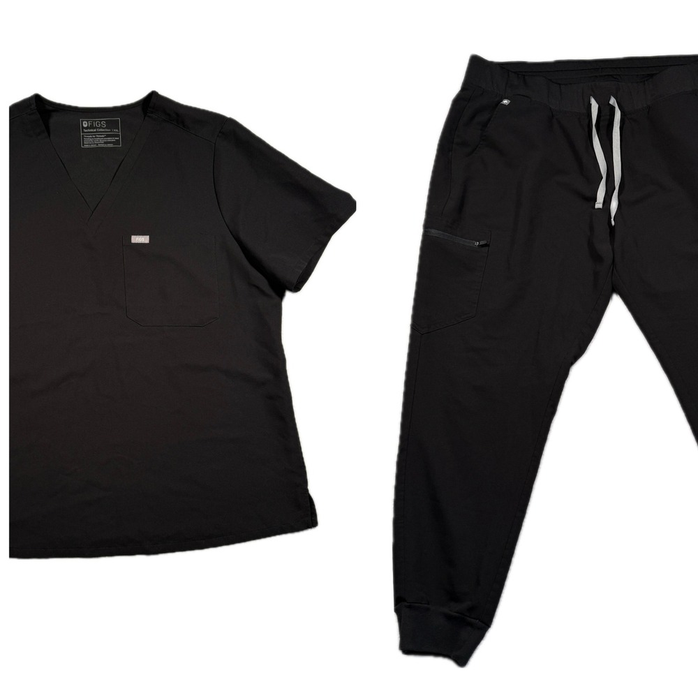 FIGS Technical Collection Scrub Set Womens XXL Black V-Neck Top Jogger Pants